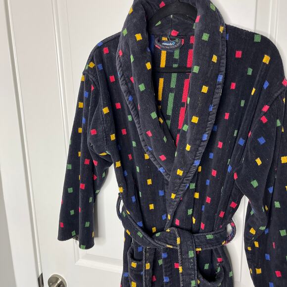 Vintage Pretti of Italy Men's Long Robe OS Black Knit Tie Belt Cotton Terry - Picture 3 of 10